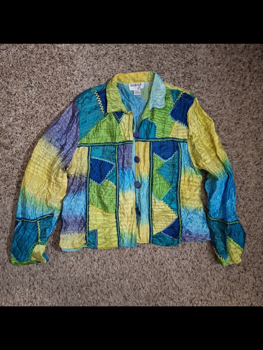 Vintage Anage 100% Silk Patchwork Beaded Lightweight Blazer Jacket Top Size L